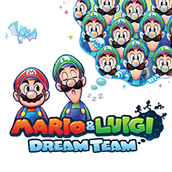Stylized illustration of Mario and Luigi against a white background. Luigi is asleep, and a thought bubble shows him dreaming of multiple copies of himself.