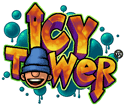 The words "Icy Tower" are spelled in bright, bold, three-dimensional letters. The letter "O" is replaced by a grinning face of a boy in a blue tuque cap covering his eyes. Vertical parts of the letters "I" in "Icy" and "R" in "Tower" are shaped like arrows pointing up and down, respectively. There is also a trademark sign.