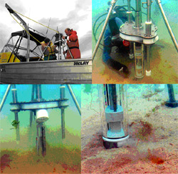 The second SPI-Scan prototype in field trials. Seen here deploying from the 6 m R/V Nauplius (upper left), on the seabed though locked in the up position (upper right and lower left – lasers not visible here), and starting to dig into the sand (lower right).