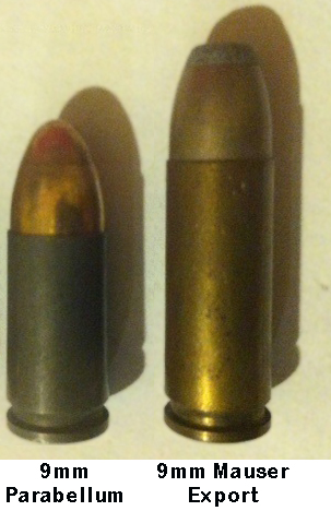 9×19mm Parabellum (left) and 9mm Mauser Export (right) cartridges for comparison
