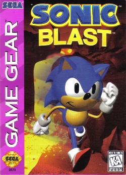 The North American Game Gear cover art of Sonic Blast. In it, Sonic, a cartoonish blue hedgehog with red shoes, runs through a desert-like environment. The game's logo is shown atop him, while the Game Gear banner is seen on the left-hand corner with the Sega brand logo and seal of quality. In the lower right hand corner, the rating label (K-A, meaning kids to adults) can be seen.