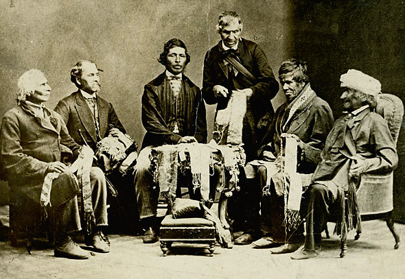 File:Chiefs of the Six Nations at Brantford, Canada, explaining their wampum belts to Horatio Hale September 14, 1871.jpg