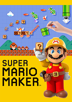 Mario, wearing a construction worker outfit is holding a ? Block next to the game's logo. On the top, a hand is making a course in the style of the original Super Mario Bros. for the NES.