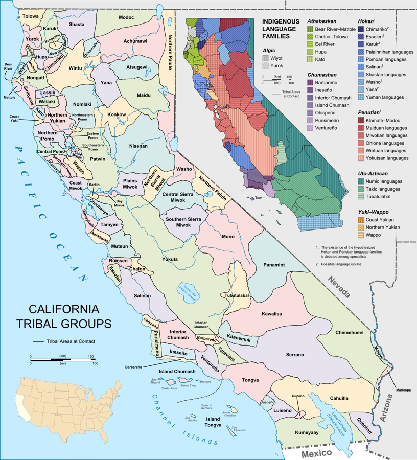 Map of the indigenous tribes of California at contact showing the maximum historic extent of Lake Cahuilla
