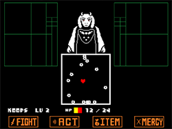 Fighting Toriel in Undertale. Toriel attacks a red heart, controlled by the player, with fire magic.
