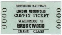 Railway ticket labelled "Southern Railways London Necropolis Coffin Ticket, Waterloo to Brookwood, Third Class