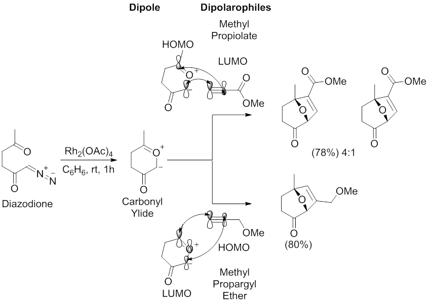 Scheme 11. Regioselectivity and molecular orbital interactions of the 1,3-dipolar cycloaddition reaction between a diazodione and methyl propiolate or methyl propargyl ether. Modified from Padwa, A.; Weingarten, M. D. Chem Rev 1996, 96, 223.