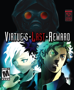 The game's cover art, featuring two stylized characters: Phi and Sigma, both seen from the shoulders and up and looking off to the side. Above them, a hooded figure wearing a gas mask is shown, facing the viewer. The game's logo, vertically centered between the hooded figure and Phi and Sigma, shows the words "Virtue's Last Reward", with an interpunct between each word. "Last" is written in red, while the rest of the logo is white.