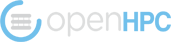 OpenHPC logo consisting of three horizontal grey bars surrounded by light blue horseshoe or C shape with opening on the upper right, followed by OpenHPC with the first four letters lowercase and grey and the last three capital and light blue.