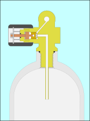 Cut-away section through a scuba cylinder valve mounted in a cylinder, showing the air passages and working parts