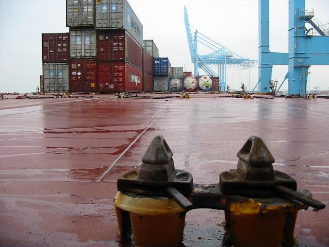 File:First level of twistlocks on a containership deck.jpg