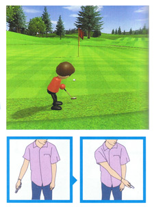 Composite of three separate images, with a larger one above two smaller ones. The larger image is a video game screenshot that is a digital representation of a golf course. A red player character stands on the green grass while holding a putter. Trees and a flagstick can be seen in the distance. The first smaller image in the lower-left corner depicts a person in a light-purple shirt and blue jeans pulling their right arm away from their body. A small blue arrow points to the second smaller image in the lower right corner. It depicts the same person swinging their right arm in front of their body.