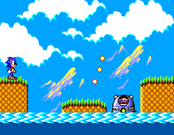 A pixelated image. On the left, Sonic, a cartoonish blue hedgehog, stands on a ledge above water. On the right, Doctor Robotnik, a mustachioed scientist, pilots a submarine firing projectiles at Sonic. The background shows mountains and clouds.