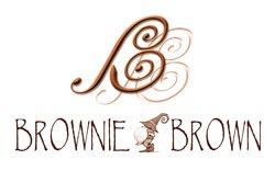 Brownie Brown logo, in brown, containing a gnome between the words