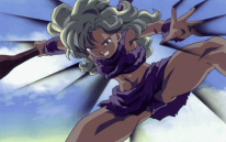 The character Ayla descending upon the viewer from blue sky, wielding a club and wearing animal skins, with blonde hair
