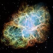 The crab nebula supernova remnant. Hubble Space Telescope mosaic image assembled from 24 individual Wide Field and Planetary Camera 2 exposures taken in October 1999, January 2000, and December 2000.
