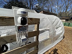 Cameras and environmental sensors help students and teachers monitor land lab conditions in real time. This sensor takes photos of growing plants, records humidity / temperature / soil moisture and light levels.