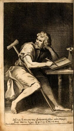 A line drawing of Epictetus writing at a table with a crutch draped across his lap and shoulder