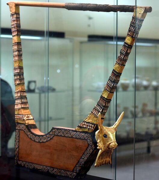 File:The Queen's gold lyre from the Royal Cemetery at Ur. C. 2500 BCE. Iraq Museum.jpg