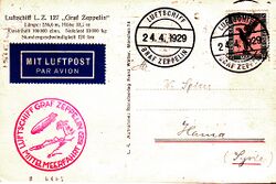 The reverse of a postcard. At the top left is the name of the airship and some of its performance statistics. Below is a dark blue rectangular sticker saying "Mit Luftpost Par Avion". Below that is a circular red cachet saying "Luftschiff Graf Zeppelin Mittelmeerfahrt 1929", around a stylised airship flying from right to left above a desert landscape with a palm tree. At the top right the stamp has been cancelled by a circular postmark saying "Luftschiff Graf Zeppelin 24.4.1929". The postmark is repeated to the left of the stamp. The consignee's address is in Hama, Syria, and is hand-written.