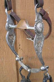 a horse bit with engraved silver shanks and a metal bar mouthpiece that is arched in the center with a copper hood over the arch