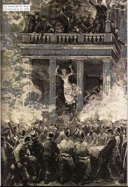 black and white drawing. Woman in a white dress jumping off the second floor into a fire-net. There are many people on the balcony and firefighters in black uniforms surround the net.