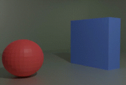 A 3D simulation demonstrating collision with a ball knocking over some blocks.