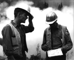 Foresters discussing tactics at Buck Mtn-Oregon-1967.jpg