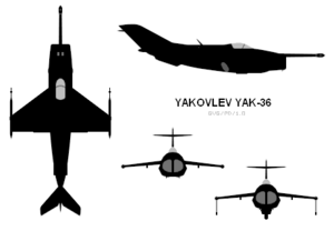 Orthographically projected diagram of the Yakovlev Yak-36.