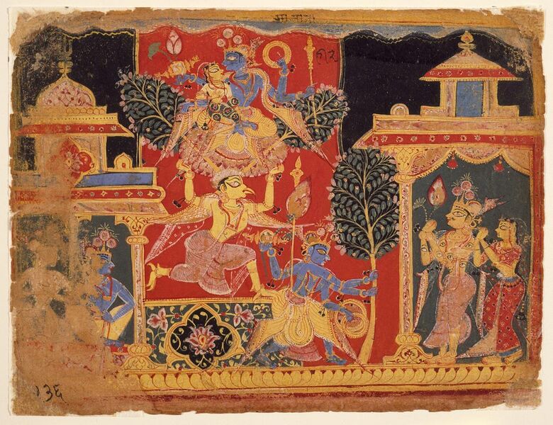 File:Krishna Uproots the Parijata Tree, Folio from a Bhagavata Purana (Ancient Stories of the Lord) LACMA M.72.1.26.jpg