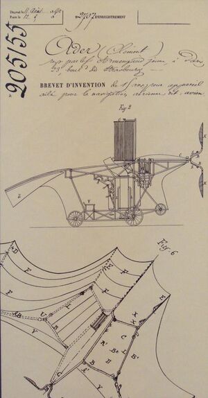 Clement Ader Avion French patent 205155 of 19 April 1890.jpg