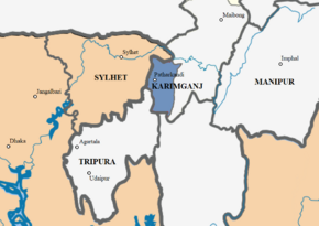 Present-day Karimganj district (blue) and surrounding areas