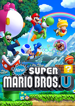 The 4 playable characters of the game are in the Acorn Plains world. Mario is jumping on Yoshi as they look to the camera. Luigi with a shocked expression is holding onto a Balloon Baby Yoshi trying to avoid a Piranha Plant. Blue Toad is holappears below.