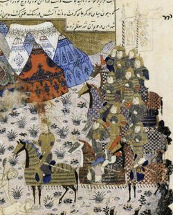 Shah Ghiyath al-Din Tughluq arrives in Tirhut. Depicted by eyewitness Muhammad Sadr Ala-i in his BasaUn al-uns, ca.1410. Istanbul, Topkapi Palace Museum Library, Ms. R.1032 (troops led by the Shah).jpg