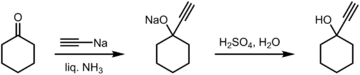 Synthesis of 1-ethynylcyclohexanol from cyclohexanone.