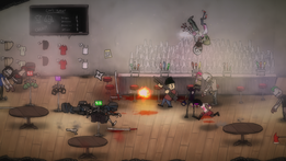 Four characters stand at the center of a bar, fighting off zombies and ninjas coming towards them from both sides. One of the characters has grabbed a zombie and is on the way down from a pile-driver move.