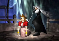 In an underground environment on top of an ancient altar, a silver-haired man in black clothing has just used his long sword to stab a brown-haired woman in red clothing through the chest and now withdraws it.