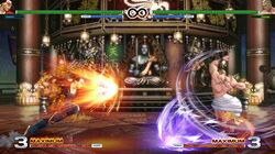 An image from a fighting game including two characters in each side with bars indicating their health and energy