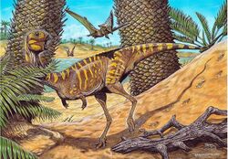 Life reconstruction of Berthasaura leopoldinae gen. et sp. nov. in the paleoenvironment represented by the “Cemitério dos Pterossauros” Quarry..jpg