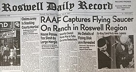 Newspaper headline reads, "RAAF Captures Flying Saucer on Ranch in Roswell Region". Full text is available on linked page.