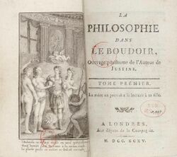 Sade - Philosophie dans le boudoir, Tome I titre 1795.jpg