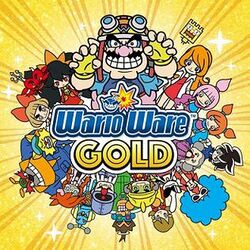 The words "WarioWare Gold" in a blue and yellow outlined font. Surronding it in a circle is the cast of the WarioWare series in front of a golden background.
