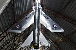 Cosford- Royal Air Force Museum- English Electric Lightning suspended from the ceiling (geograph 5765866).jpg