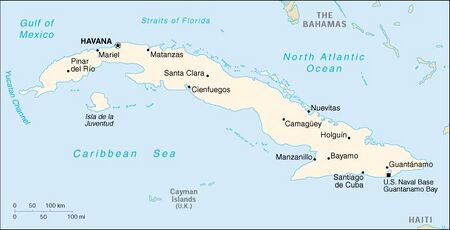 This is a white on blue map of Cuba as would be seen in a World Atlas.