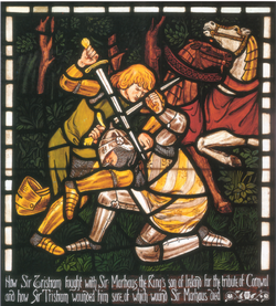 Dante Gabriel Rossetti The Fight between Tristram and Sir Marhaus stained glass.png