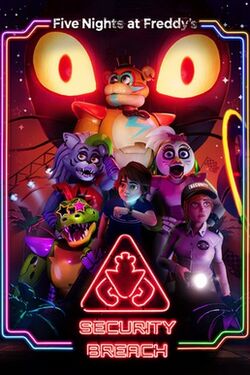 Box art for the game. Pictured from left to right are: Montgomery Gator, Roxanne Wolf, Glamrock Freddy (middle), Gregory (front), Vanny (background), Glamrock Chica, and Vanessa. At the top of the poster is the words "Five Nights at Freddy's", and at the bottom is the "Security Breach" logo.