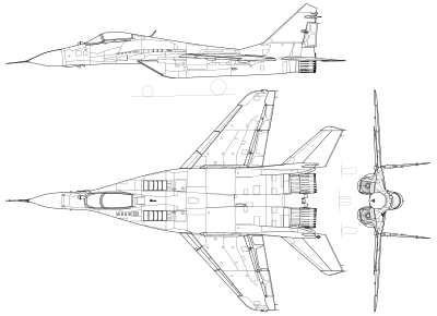 3-view line drawing of the Mikoyan MiG-29