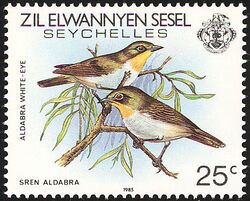 Aldabra white-eye 1985 stamp of Seychelles.jpg