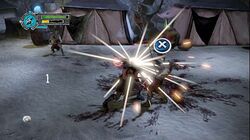 Graphical representations of two men engage in combat. The clash of their swords against each other produces a large spark, and a blue circle, which is marked with a white "X". Another man, armed with a bow, is shown standing in the background. Coloured gauges are at the top left.