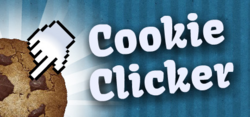 A computer cursor clicking a cookie stands beside the title of the game.